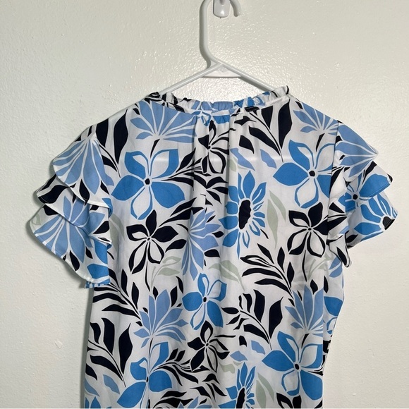 Liz Claiborne Blouse White Blue Black Floral - Picture 7 of 9